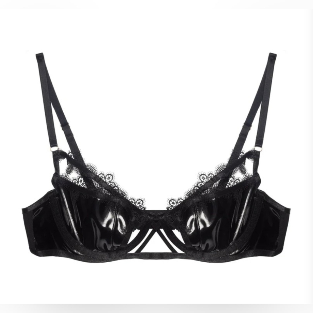 Hustler Brea Black Cut Out PVC and Lace Trim Balconette Bra 38D Sexy